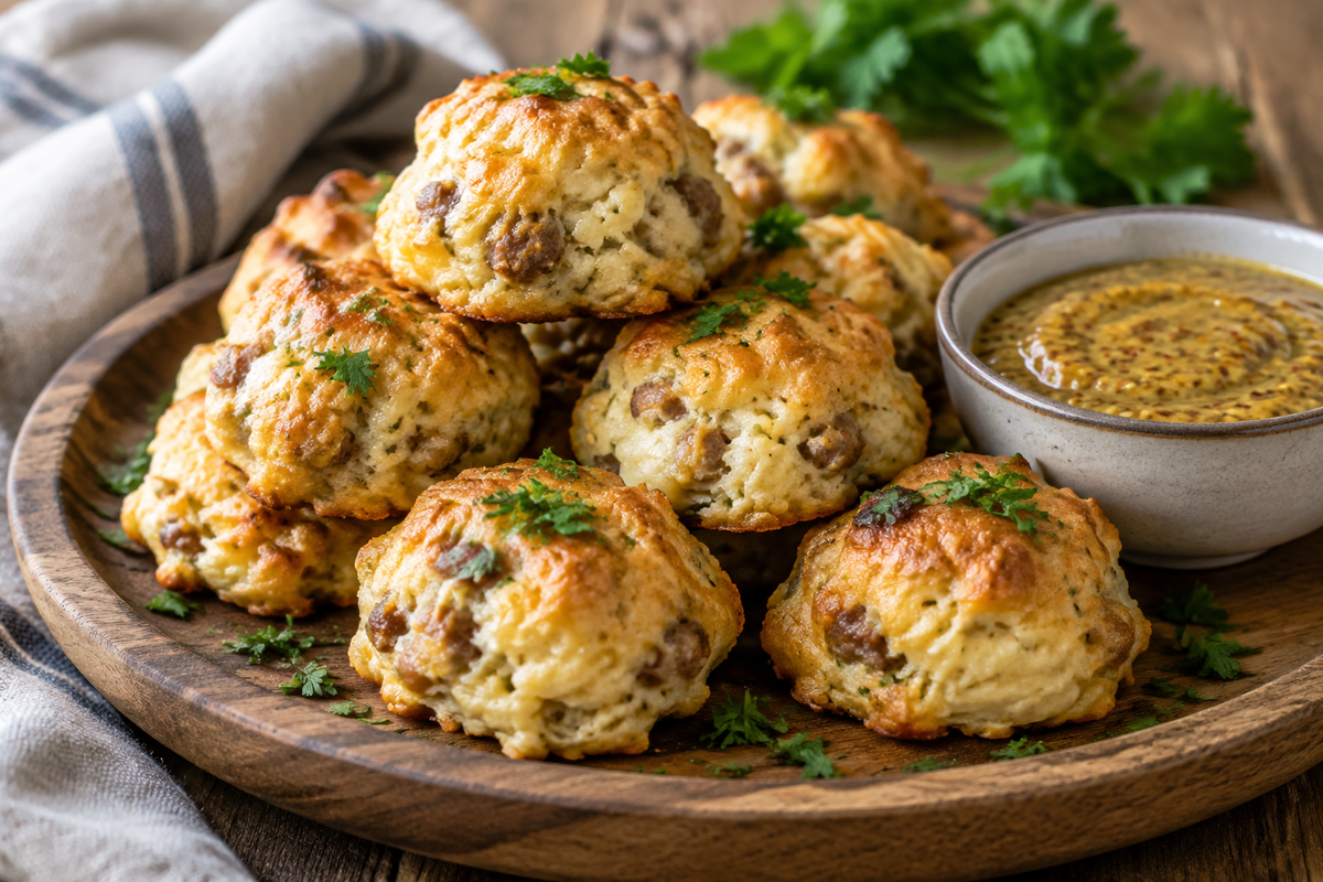 Sausage cream cheese biscuit bites on rustic platter garnished with parsley, perfect party appetizer