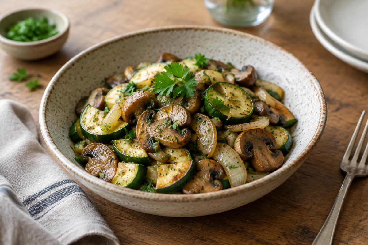 Sautéed zucchini mushrooms and onions served in a rustic bowl garnished with parsley, showcasing fresh sautéed vegetables