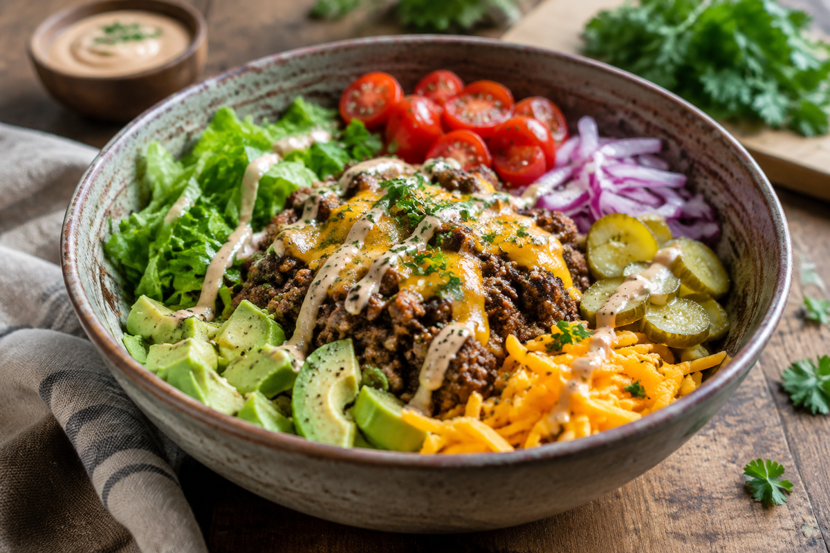 Deconstructed burger bowls with seasoned beef, fresh veggies, melted cheese, and sauces served in rustic bowls