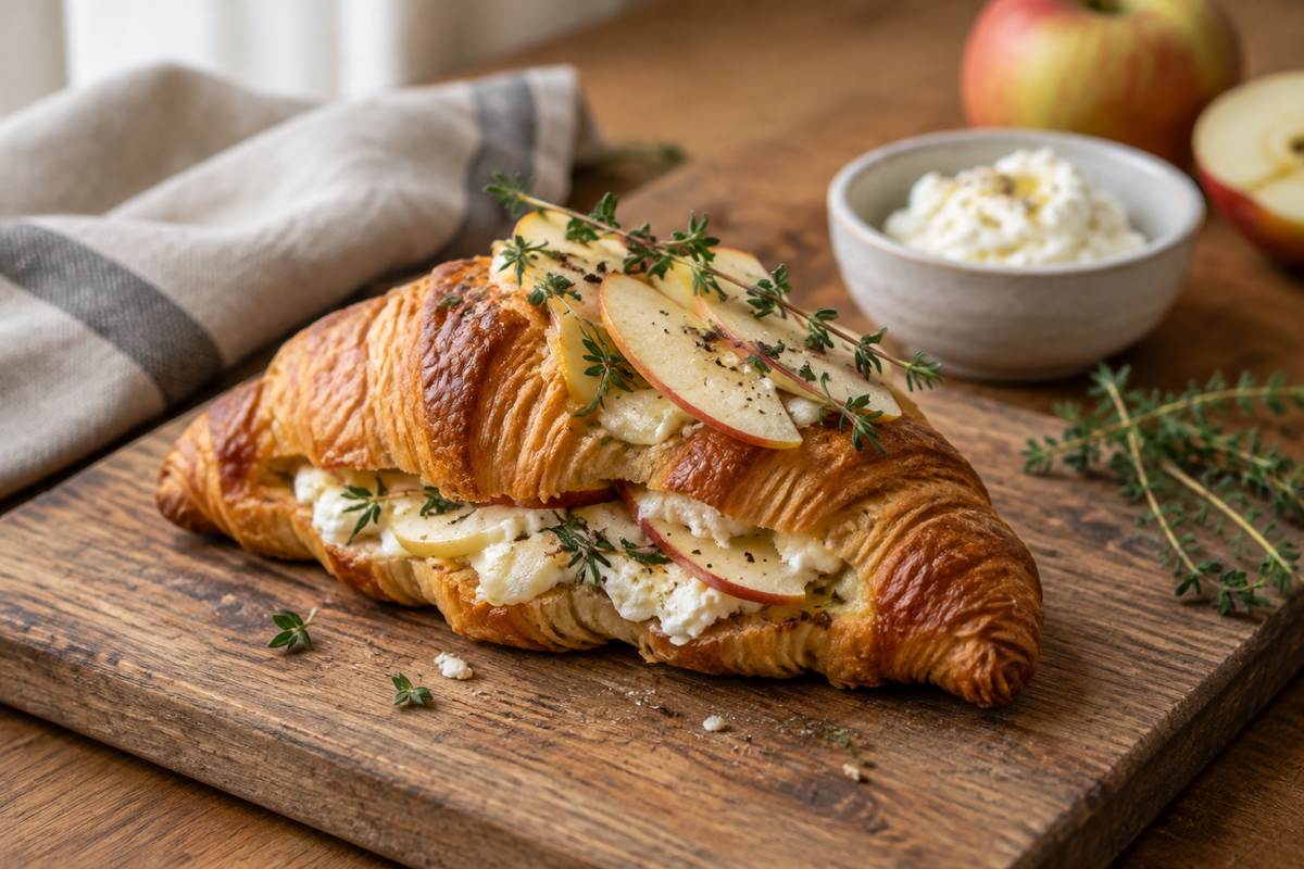 Savory apple croissant with goat cheese garnished with fresh thyme and apple slices, showcasing a flaky texture