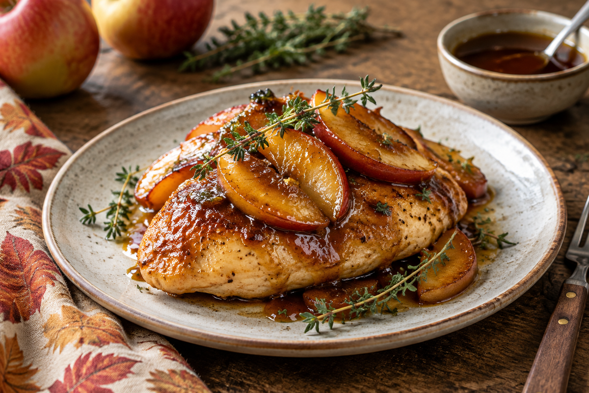 Savory apple maple chicken with caramelized apples and maple glaze on rustic plate, garnished with thyme