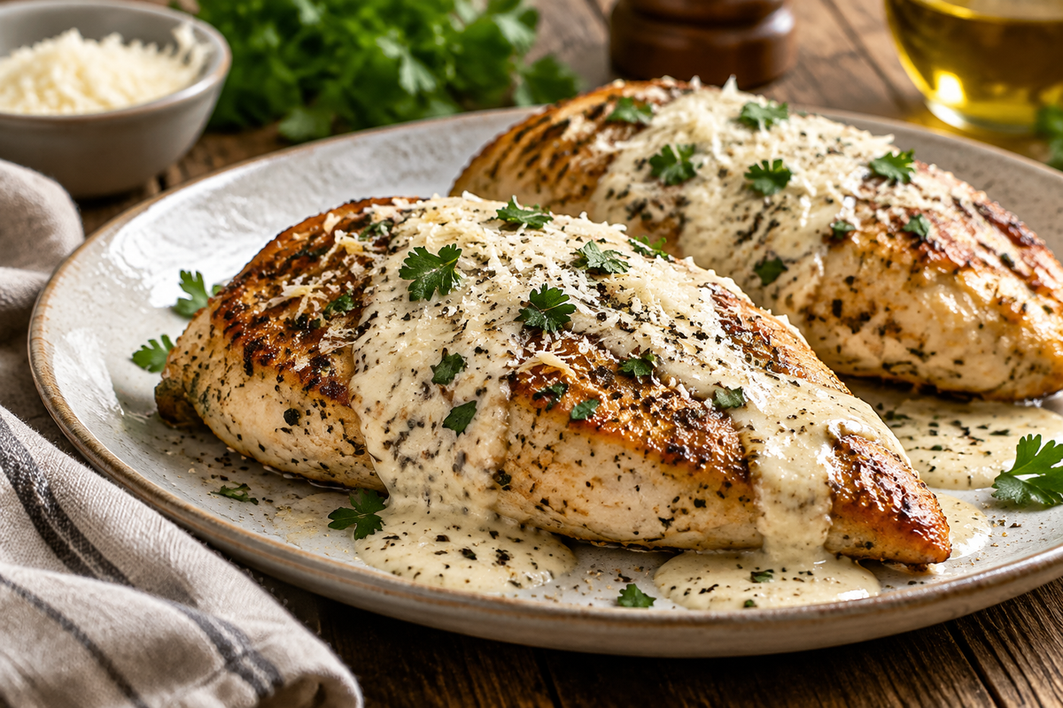 Savory baked caesar chicken drizzled with velvety parmesan sauce garnished with parsley