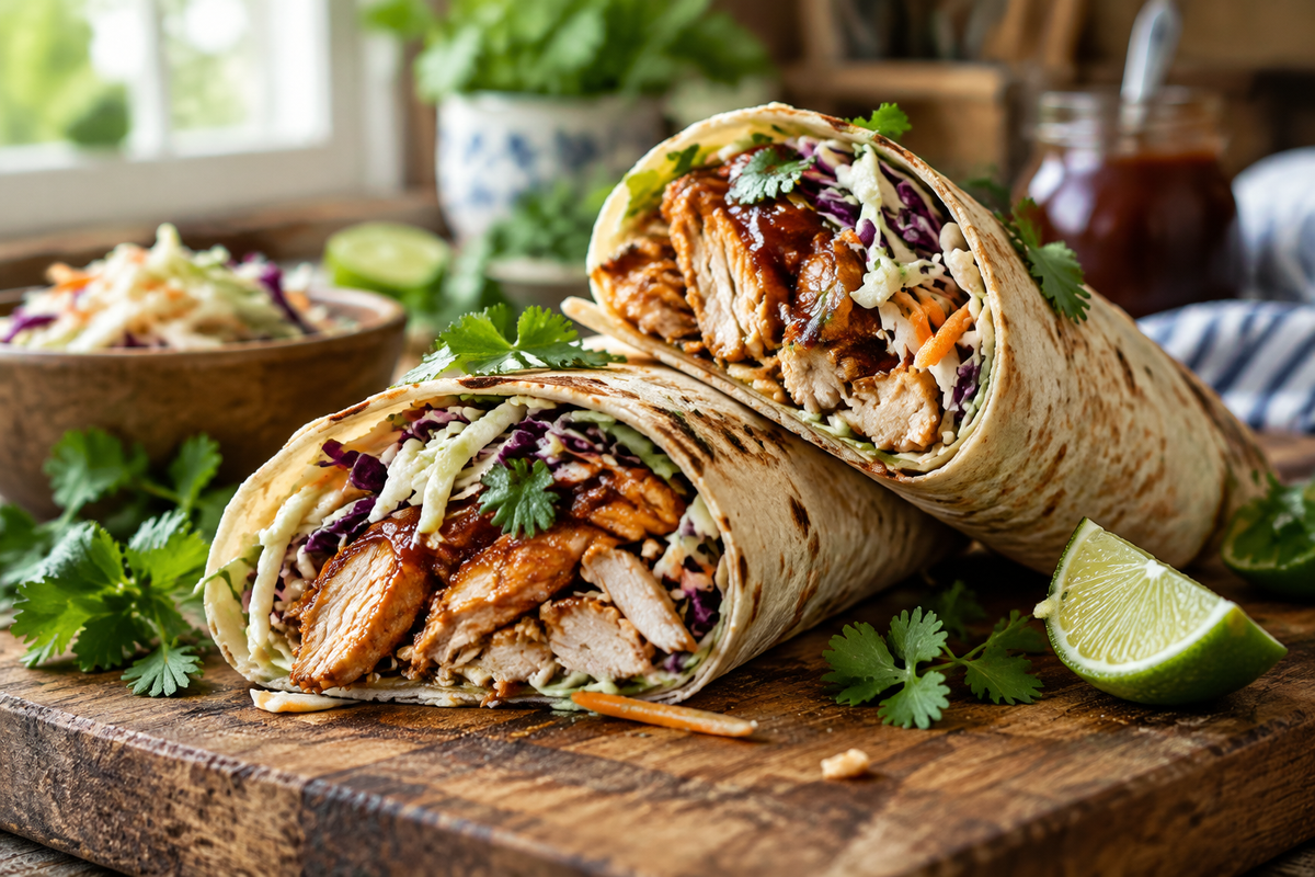 Savory BBQ chicken wraps with crunchy coleslaw and fresh garnishes on rustic board