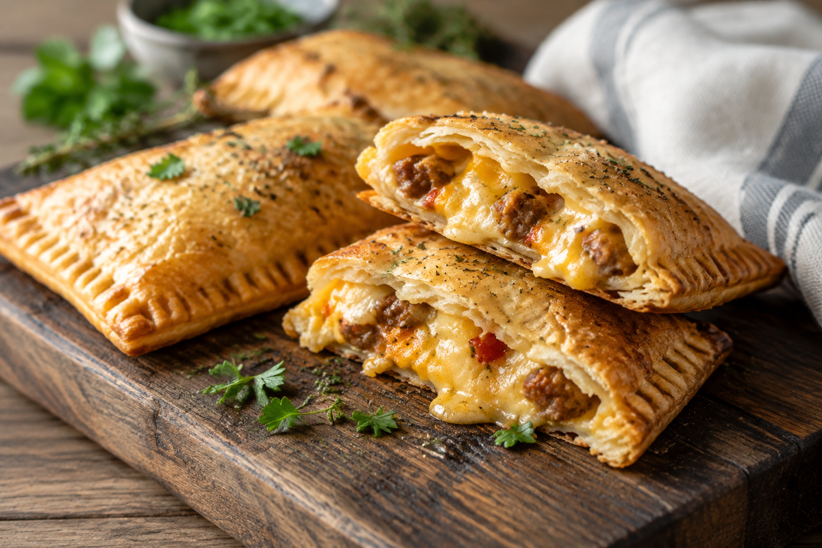Savory breakfast pop tarts with flaky crust and melted cheese filling on rustic board