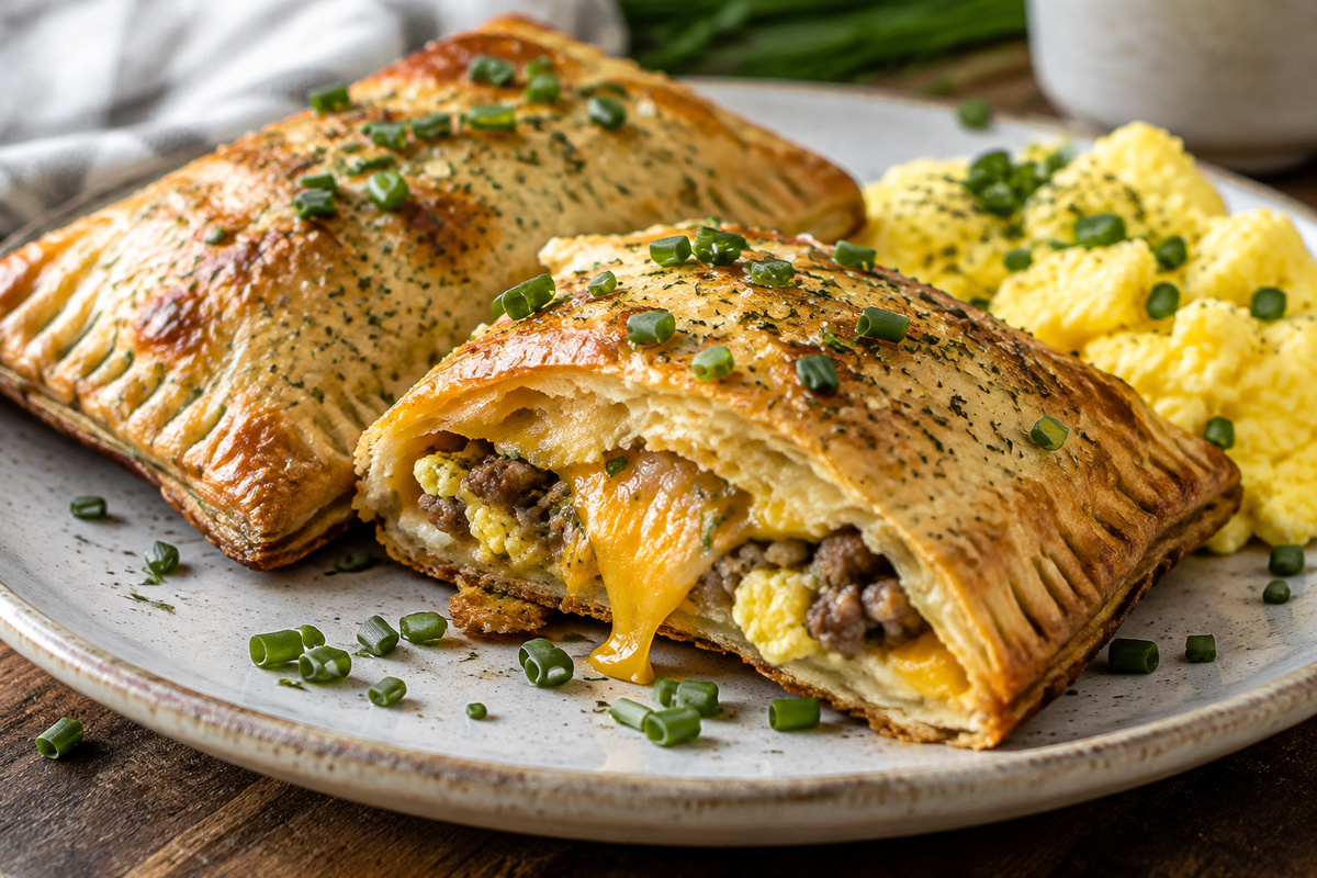Savory breakfast pop tarts with flaky crust and melted cheese filling on rustic board, savory breakfast pop tarts