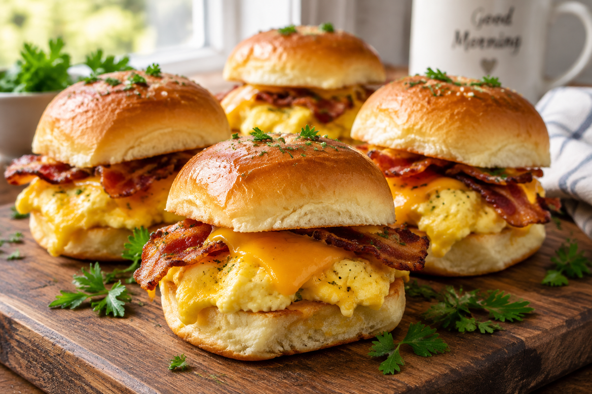 Savory breakfast sliders with bacon, egg, and cheese on slider buns garnished with parsley