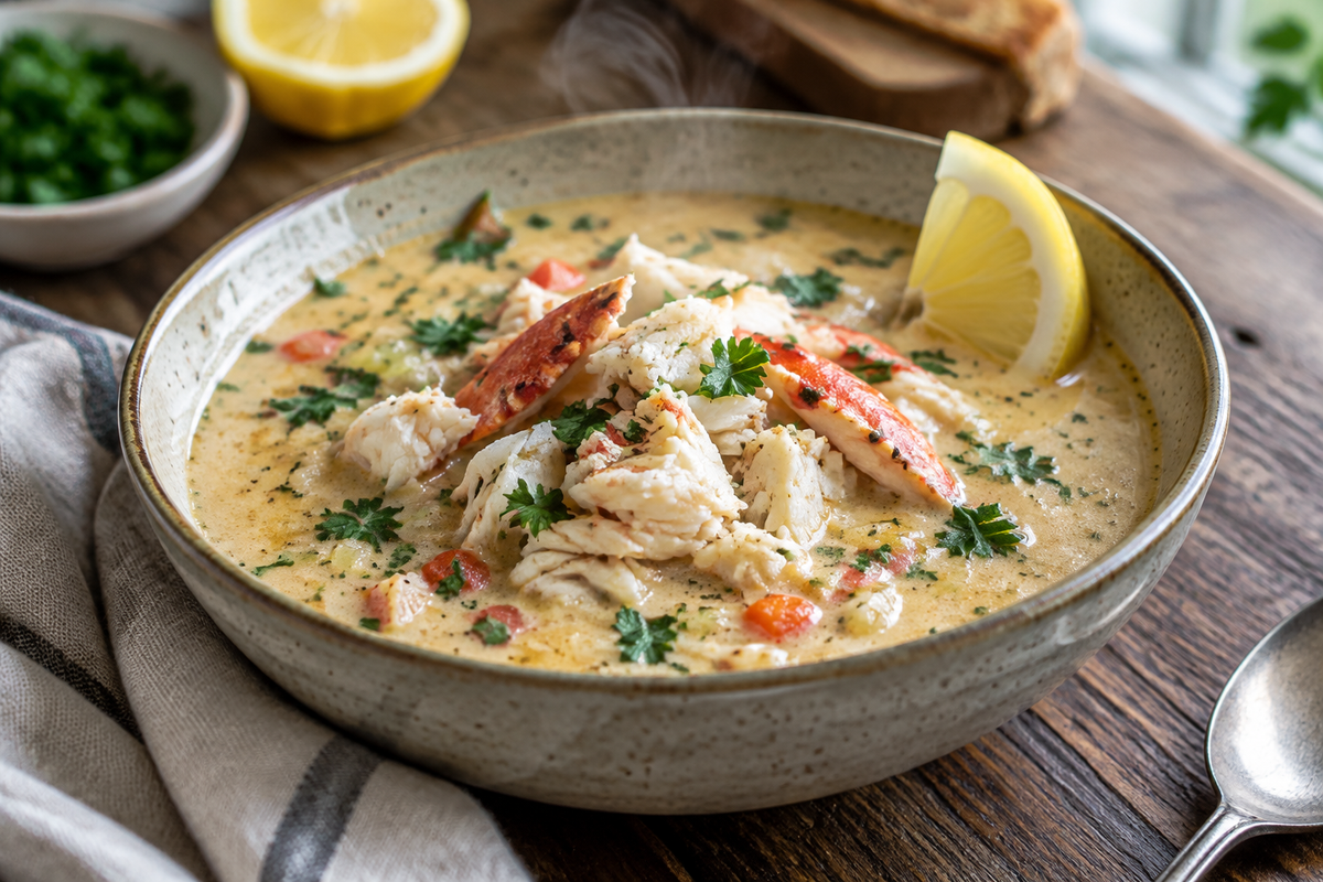 Creamy crab stew in a bowl garnished with parsley and lemon wedge, perfect crab stew dish