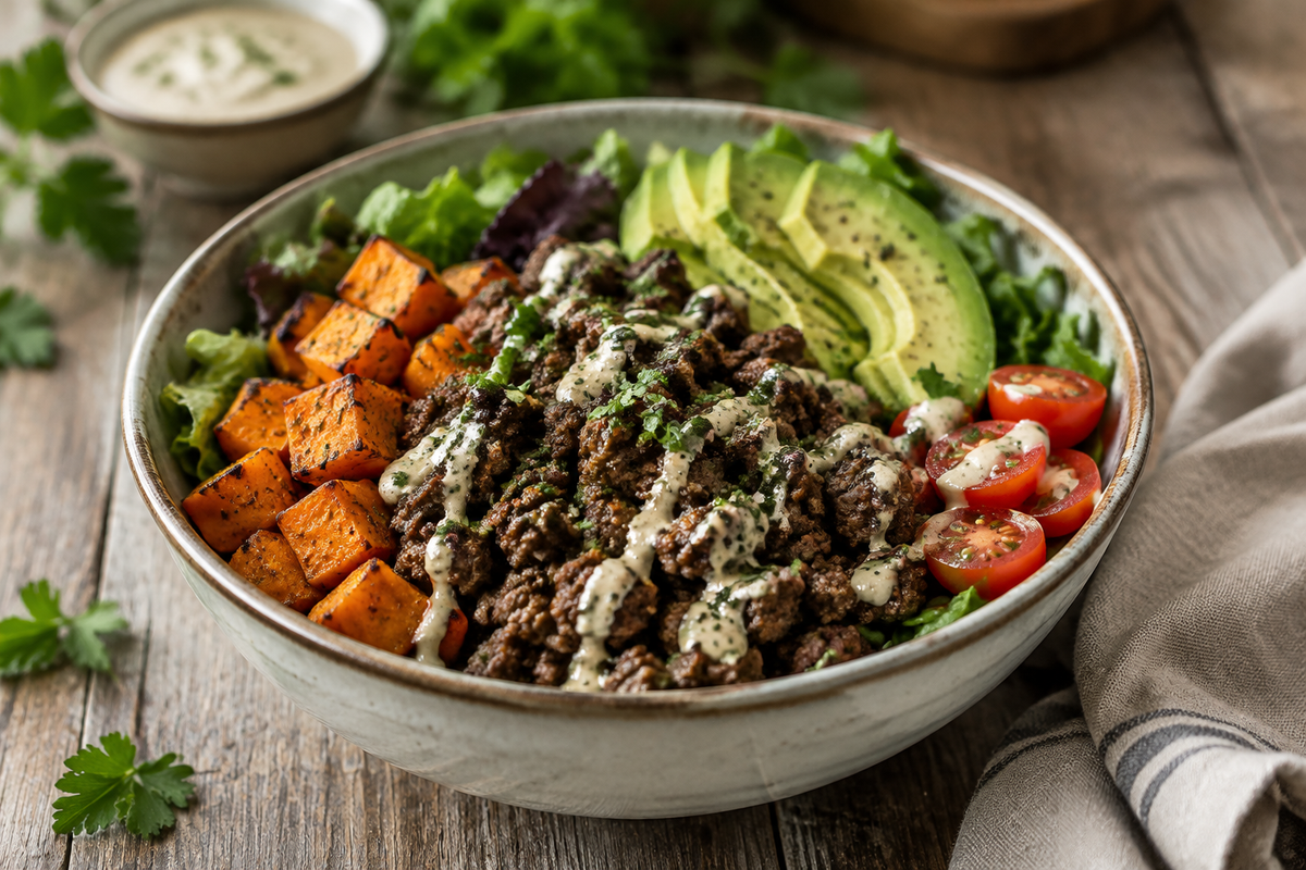Savory burger bowls with seasoned beef, roasted sweet potatoes, avocado, and fresh greens, a healthy burger bowls dish