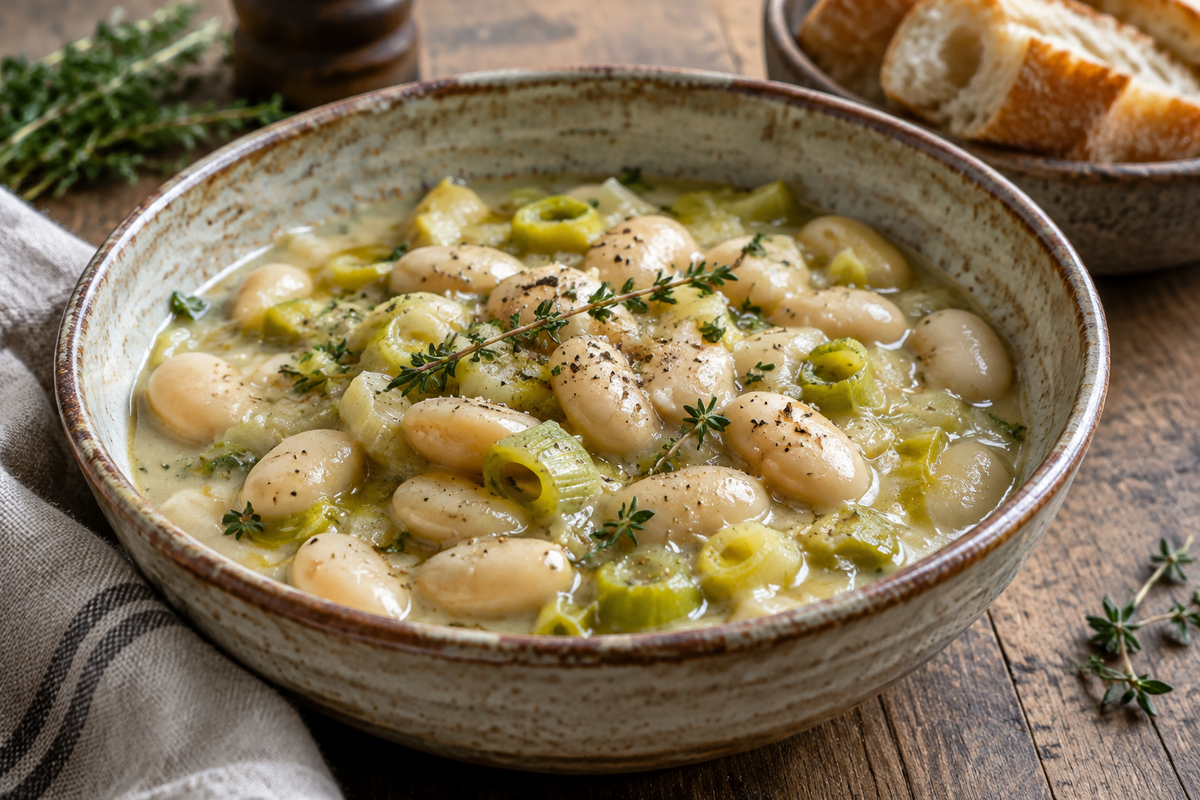 Creamy savory butter beans and leeks served in a rustic bowl with fresh thyme garnish