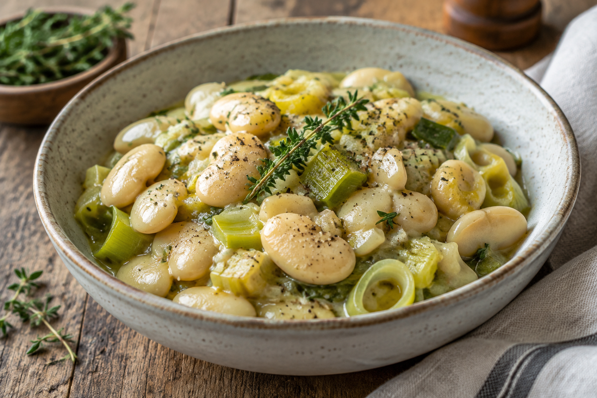 Savory butter beans with sautéed leeks garnished with thyme and pepper in a bowl, showcasing savory butter beans dish