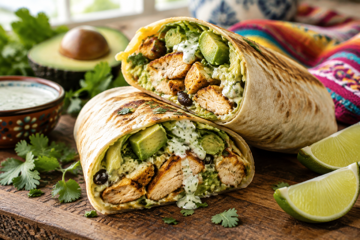 Savory chicken avocado ranch burritos filled with creamy avocado and seasoned chicken on a rustic table