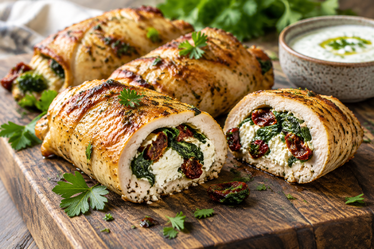 Savory chicken rolls stuffed with feta, spinach, and sun-dried tomatoes on a rustic board