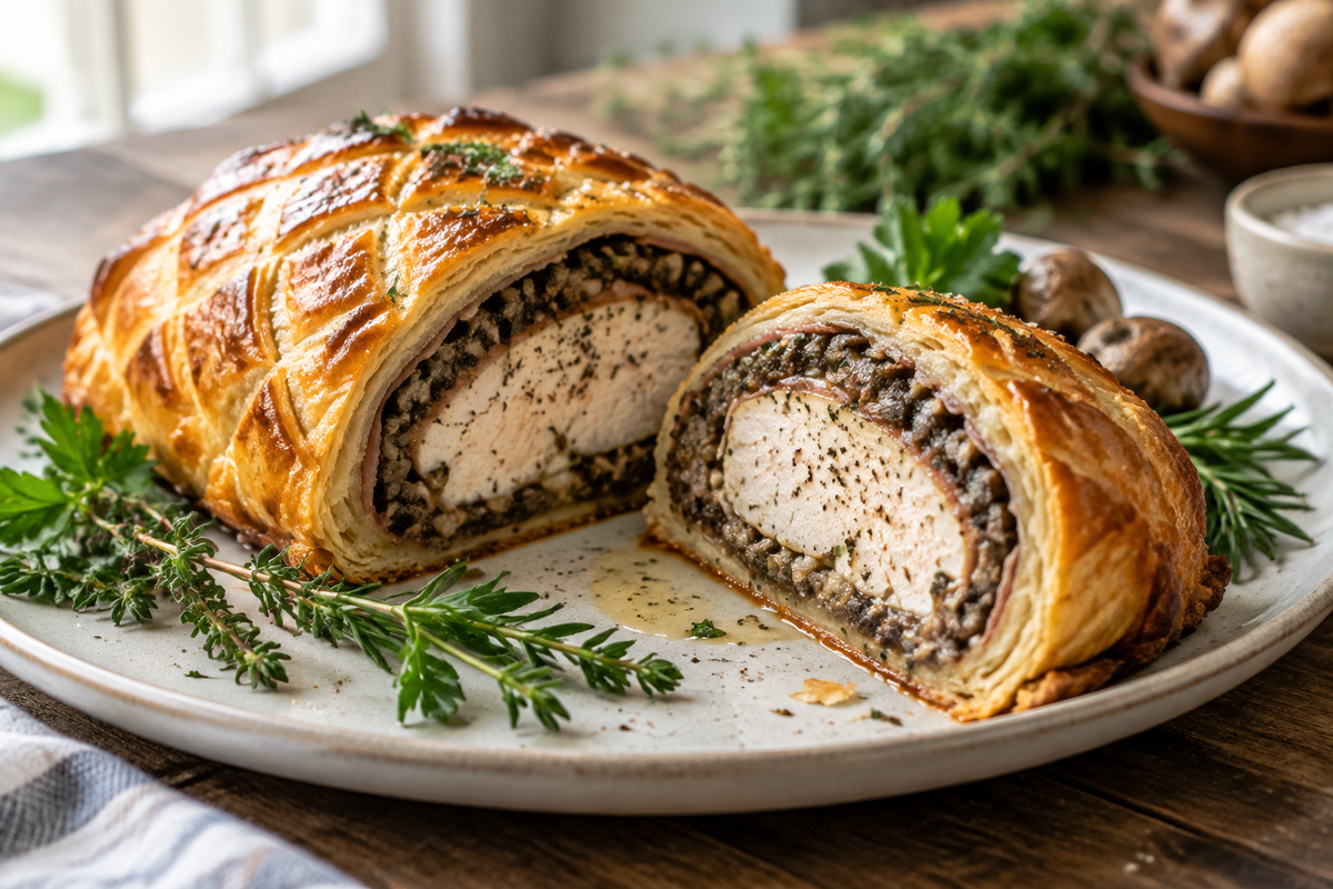 Sliced savory chicken wellington with golden puff pastry and mushroom filling, showcasing the chicken wellington dish
