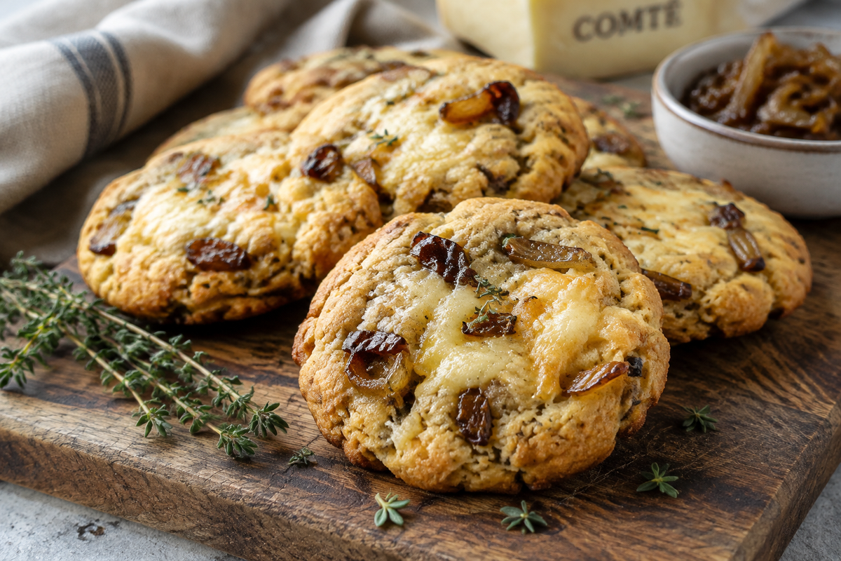 Savory cookies with caramelized onions and Comté cheese on a rustic board, showcasing the savory cookies texture