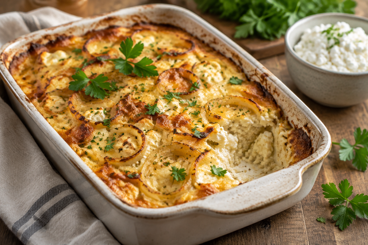 Savory cottage cheese bake with onions garnished with parsley, showcasing the cottage cheese bake texture