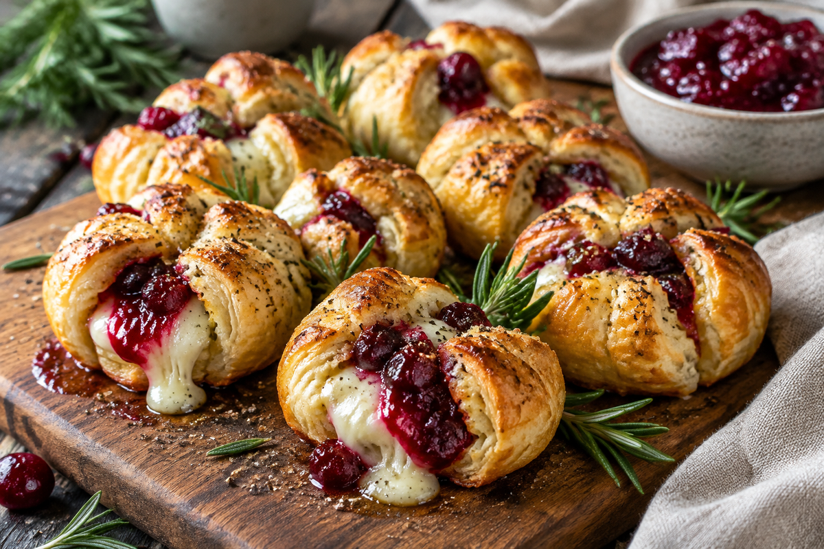Savory cranberry brie bites with melted cheese and cranberry sauce on wooden board
