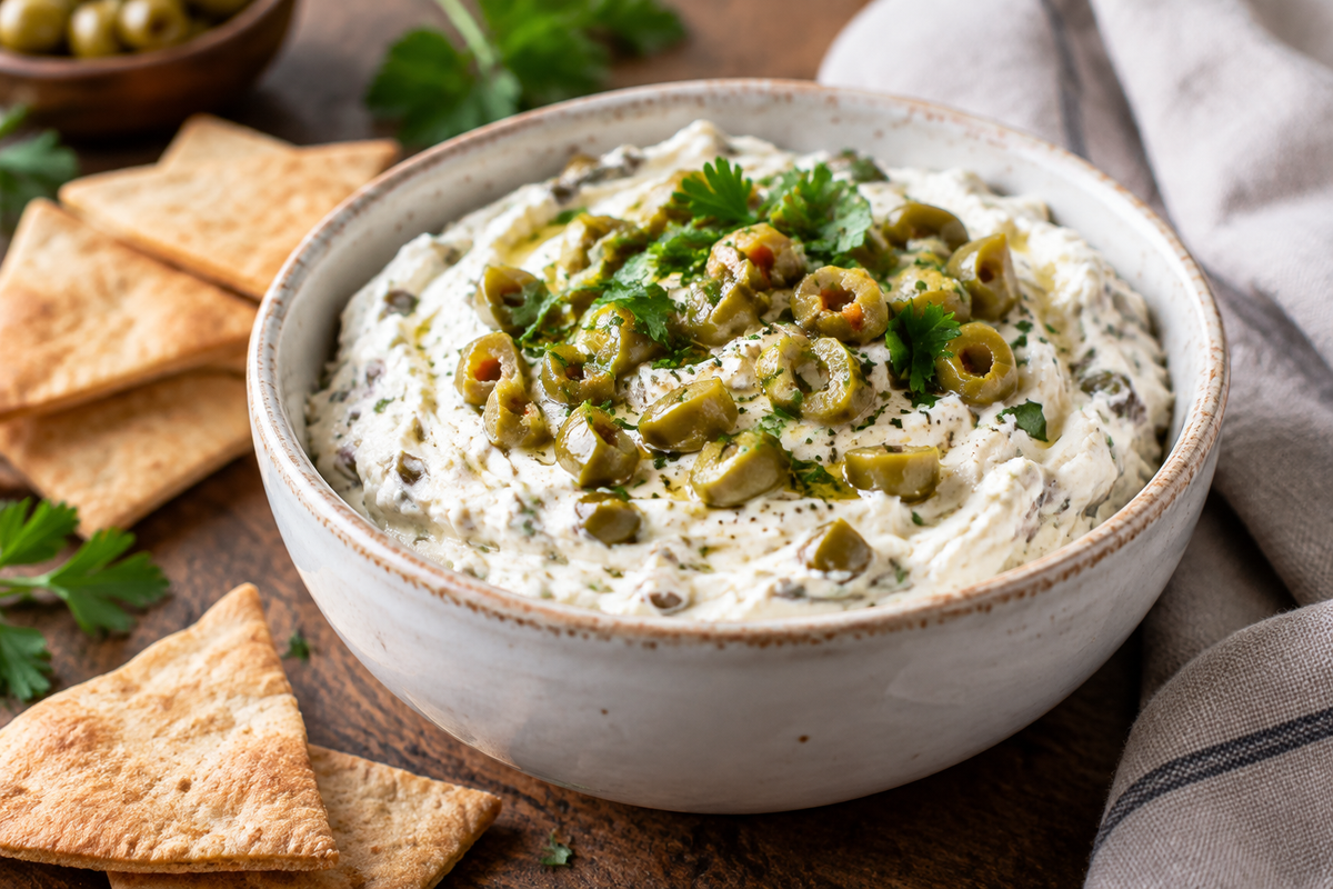 Savory cream cheese olive dip in a bowl garnished with olives and parsley