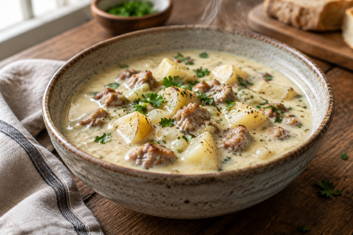 Savory creamy sausage potato chowder in a rustic bowl garnished with fresh parsley