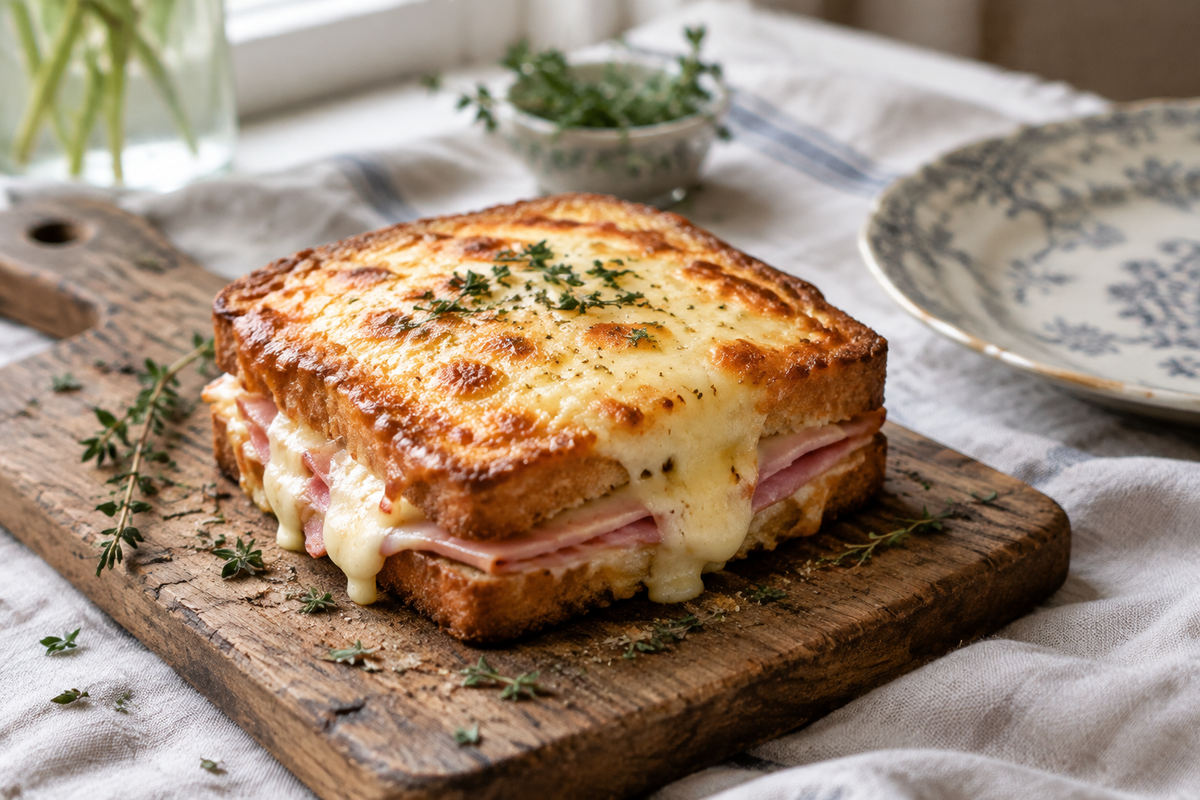 Savory croque monsieur recipe with melted cheese and ham on toasted bread, garnished and ready to eat