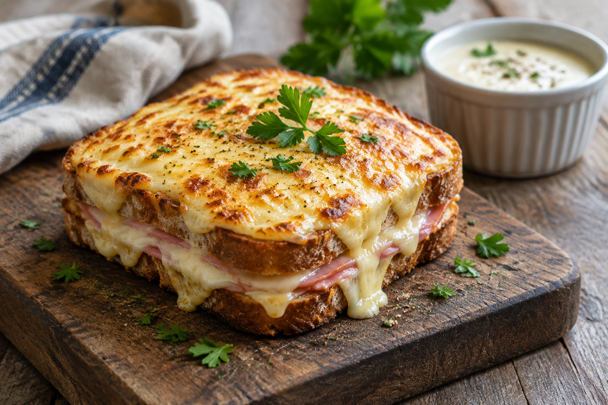 Savory croque monsieur recipe with golden ham and melted cheese sandwich on rustic board
