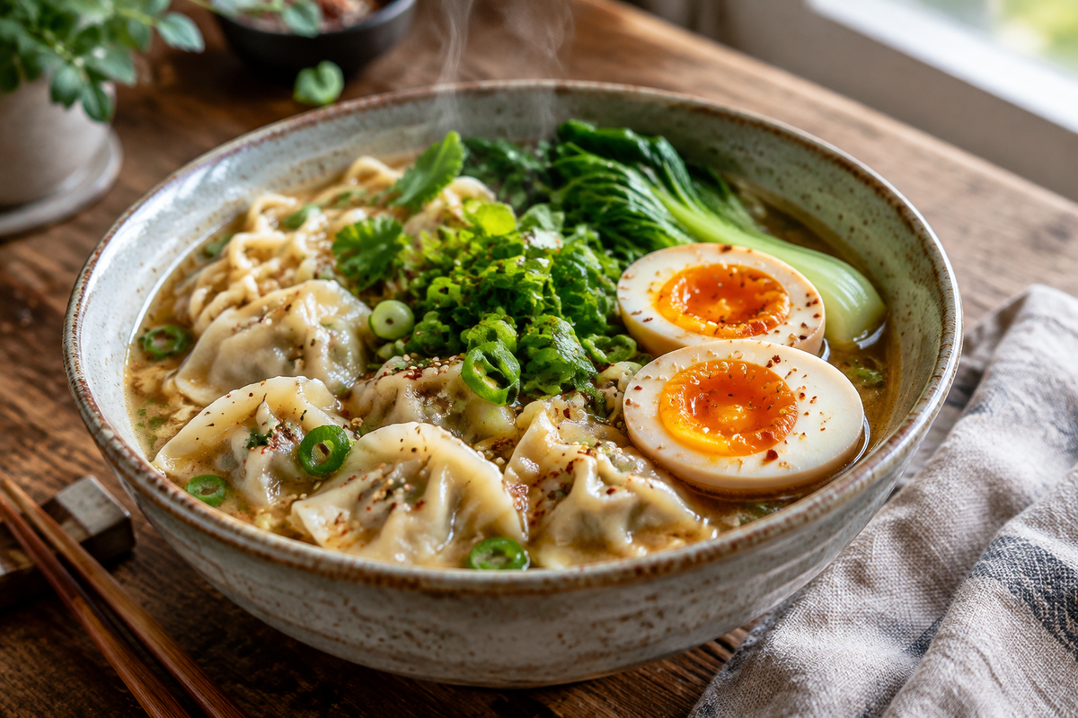 Savory dumpling ramen bowl with soft-boiled eggs and fresh greens in a ceramic bowl