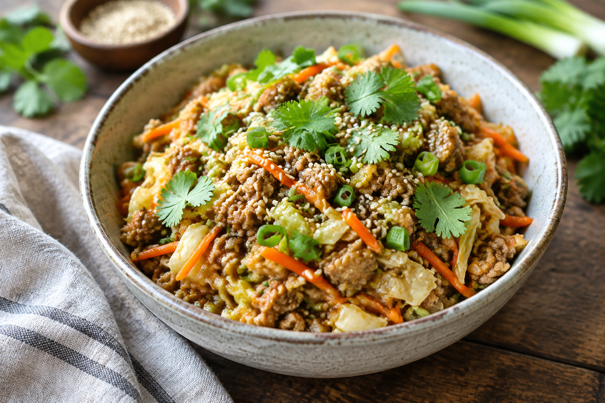 Savory egg roll bowl with ground pork, cabbage, carrots, and sesame seeds garnished