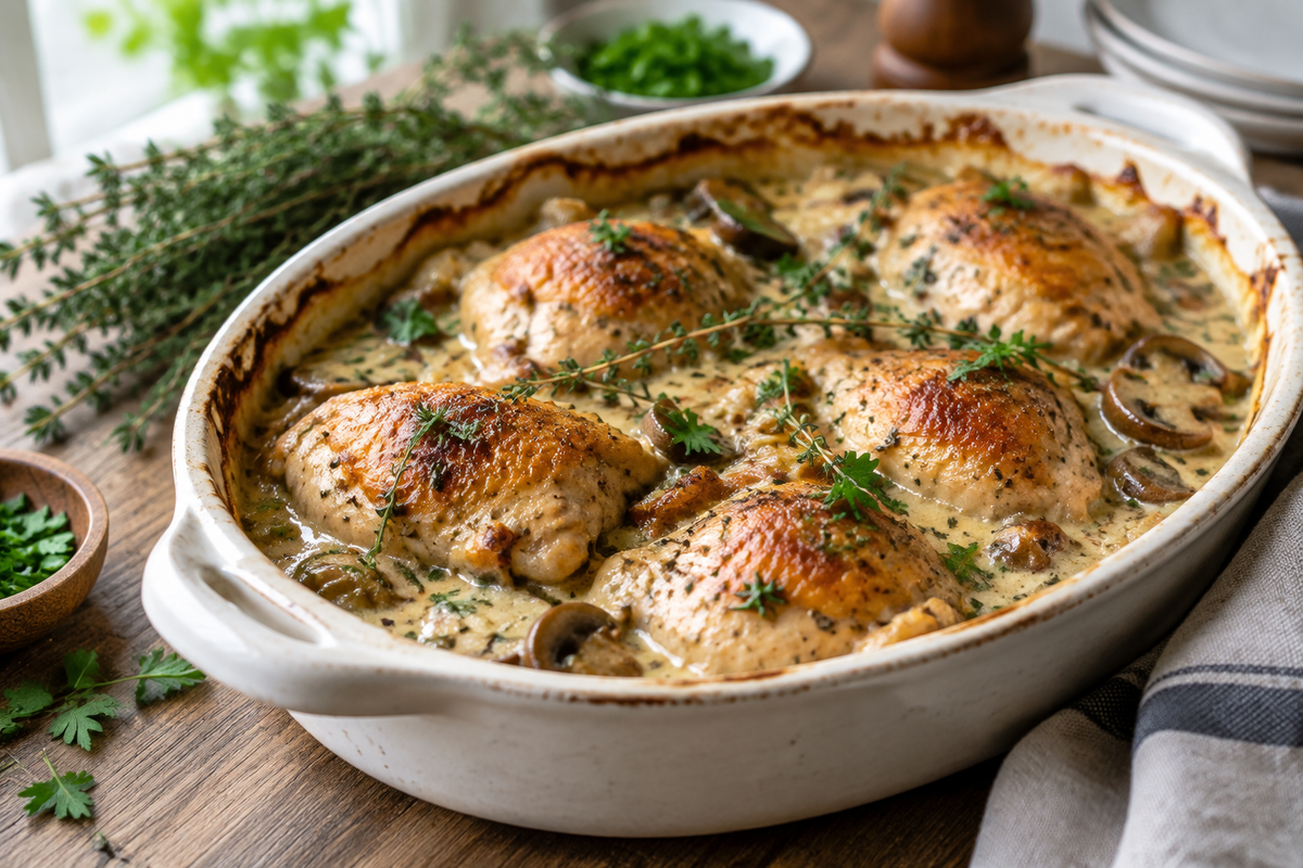 Savory French chicken casserole in a white dish garnished with fresh herbs and creamy sauce