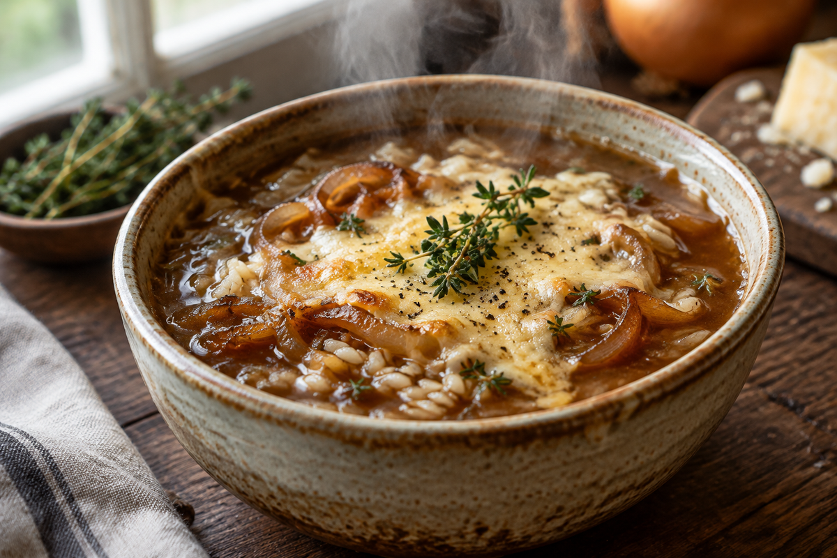 Savory French onion rice soup served in a rustic bowl with garnish, showcasing the rich broth and caramelized onions