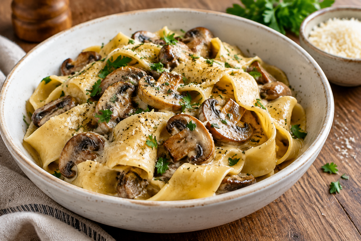 Creamy garlic butter mushroom pappardelle pasta garnished with parsley and black pepper