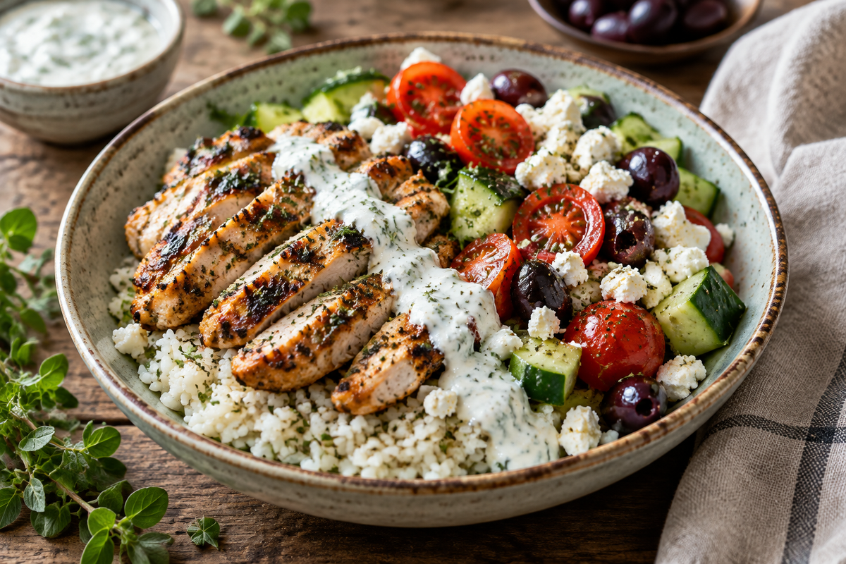 Savory Greek chicken bowls with grilled chicken, rice, vegetables, feta, and tzatziki sauce