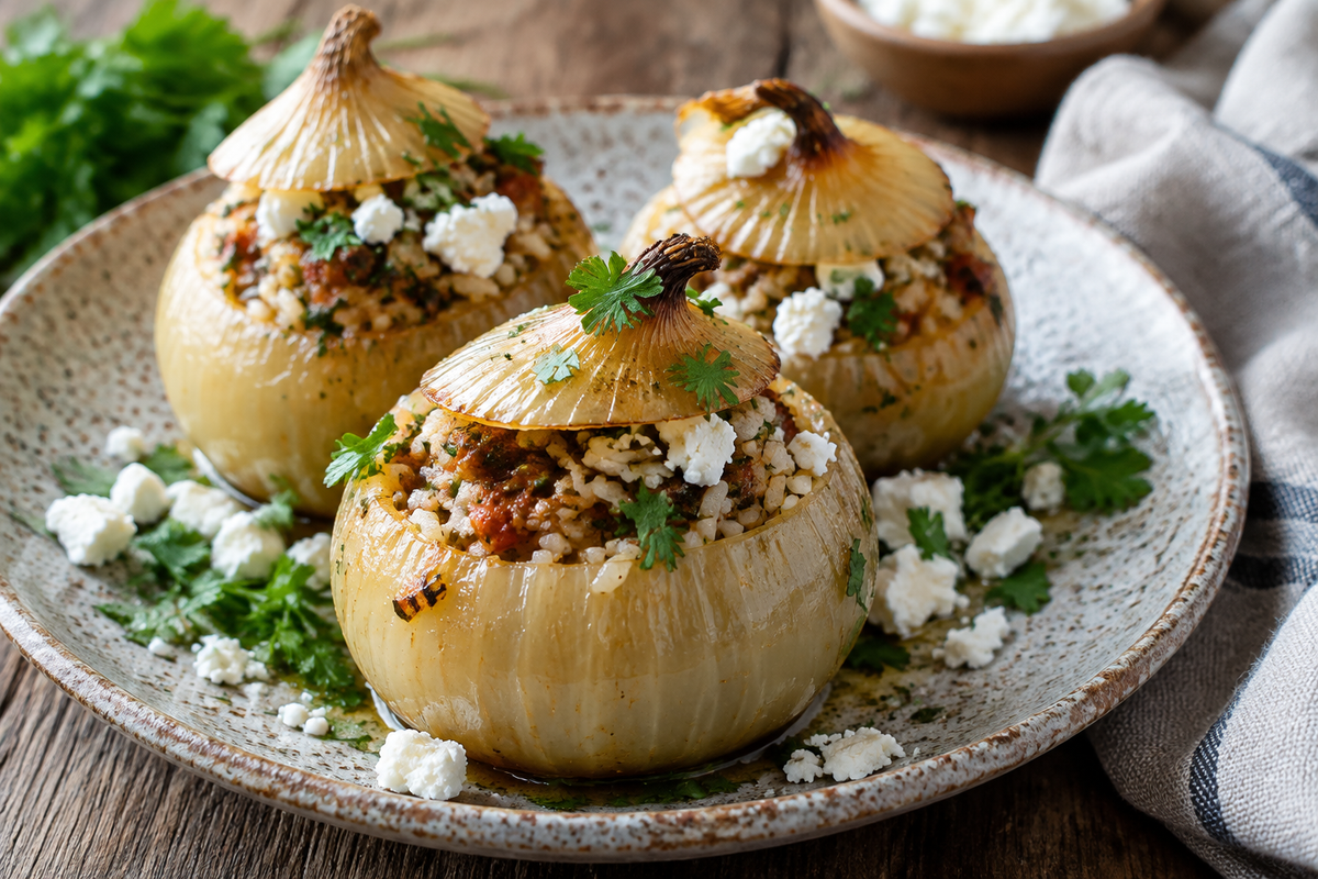 Savory Greek stuffed onions plated with fresh parsley and crumbled feta, showcasing the flavor explosion