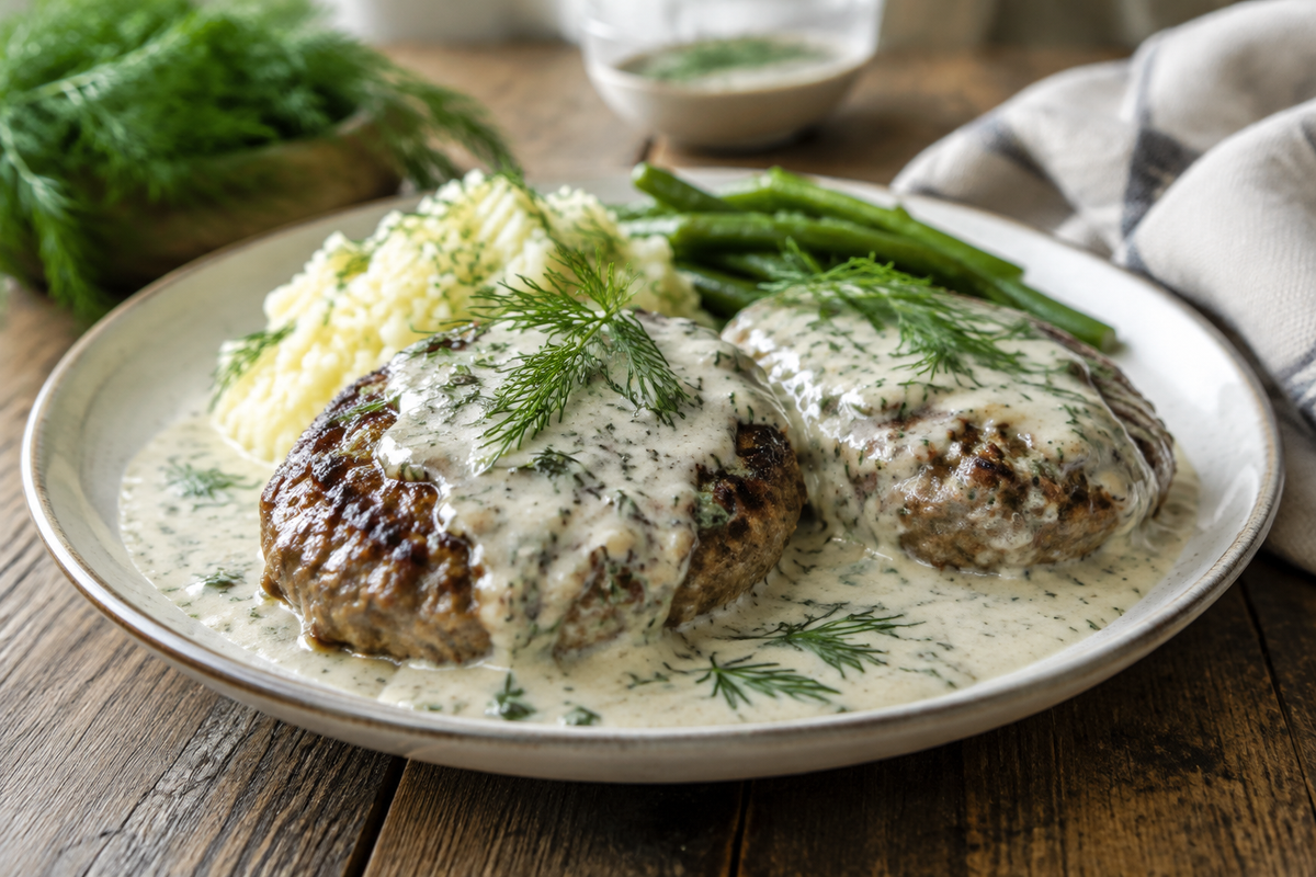 Hamburger steaks smothered in creamy dill sauce garnished with fresh dill, showcasing the hamburger steaks focus keyphrase