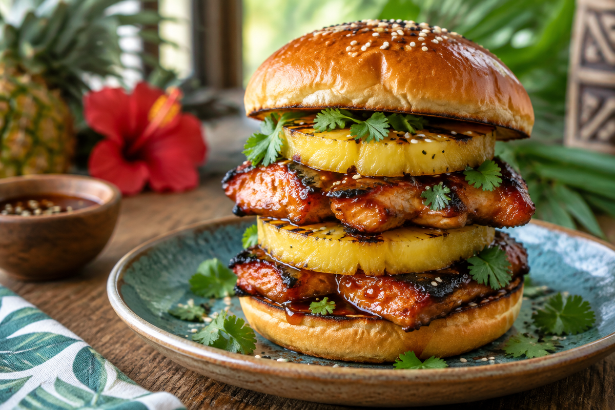Savory Hawaiian huli huli chicken stack with grilled pineapple and fresh garnish