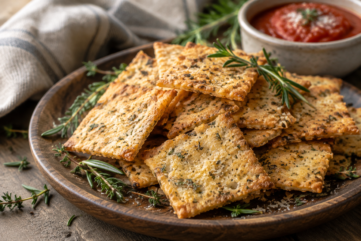 Golden savory herb parmesan crackers stacked on a rustic plate with fresh herbs, perfect parmesan crackers snack