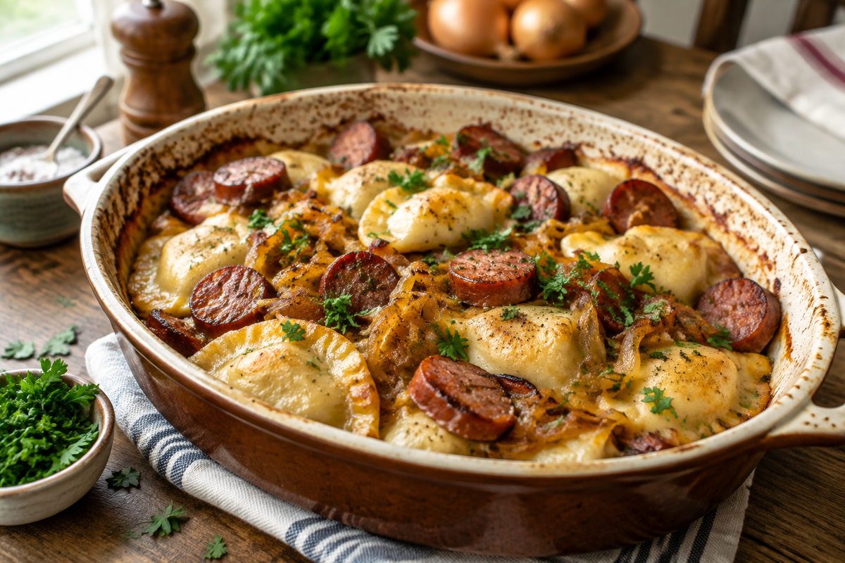 Savory kielbasa pierogi casserole in crockpot style with fresh parsley garnish and caramelized onions