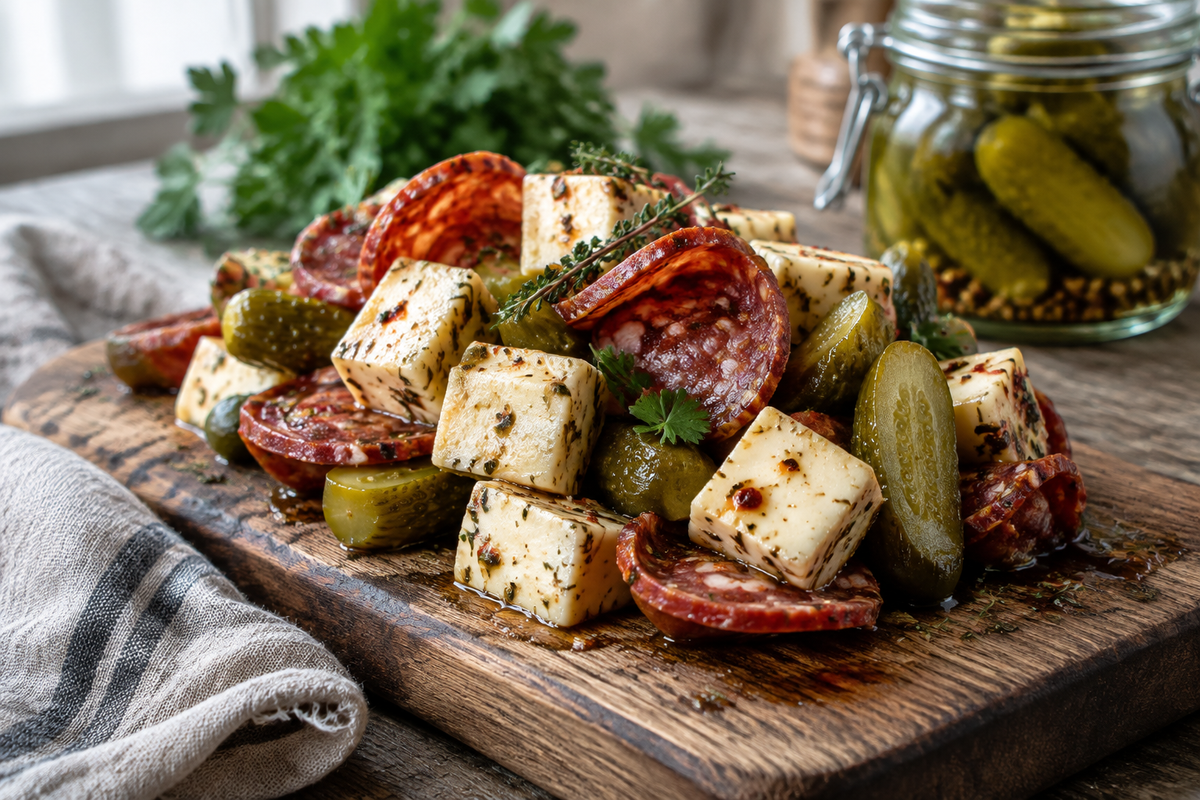 Marinated cheese delight with salami and crunchy pickles on a rustic wooden board