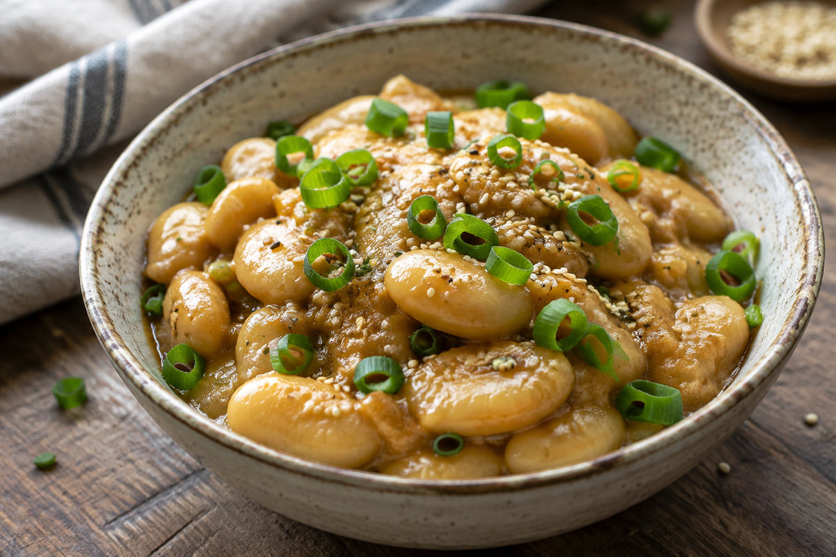 Creamy savory miso butter beans garnished with green onions and sesame seeds