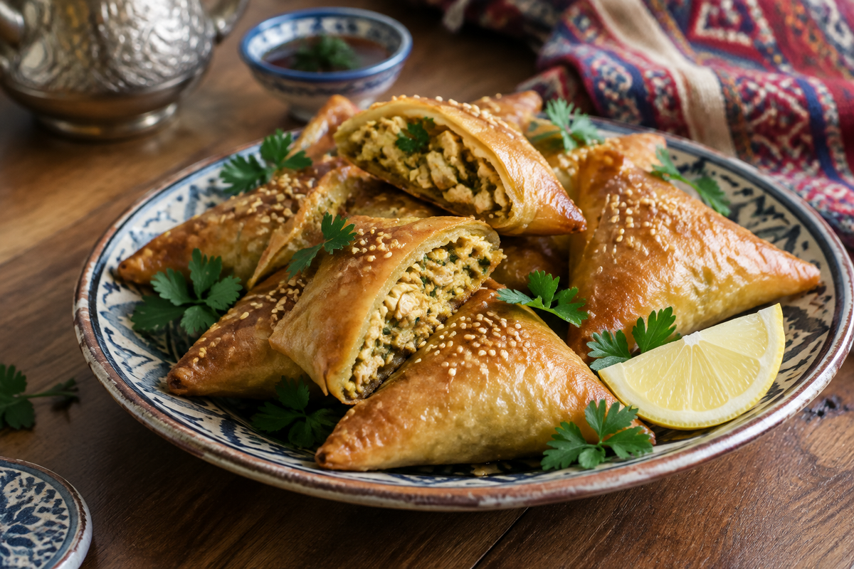 Golden Moroccan chicken briouats garnished with parsley and lemon, showcasing savory Moroccan chicken briouats