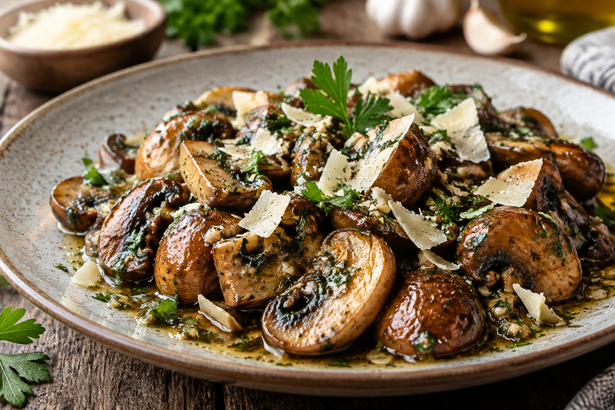 Savory mushroom delights plated with garlic herb sauce and parsley garnish, showcasing the savory mushroom delights dish