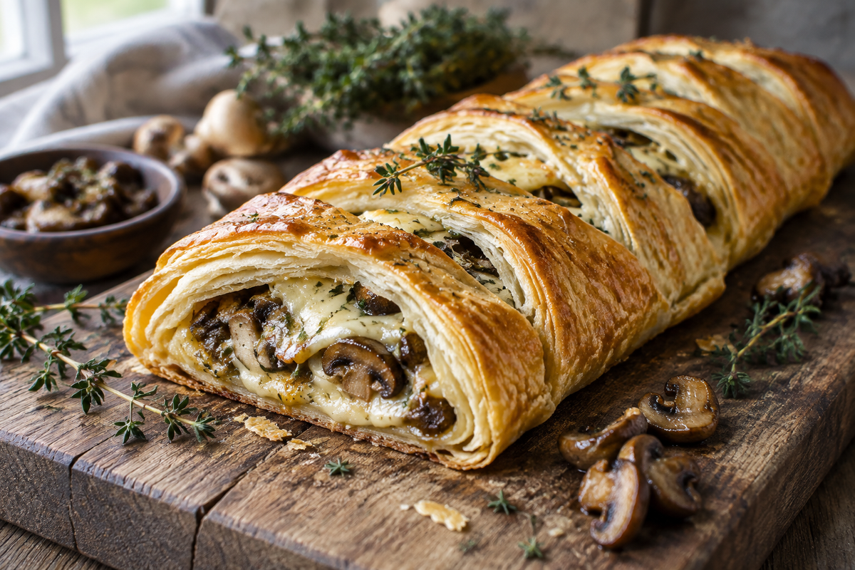 Savory mushroom gruyere braid with flaky puff pastry and fresh thyme garnish