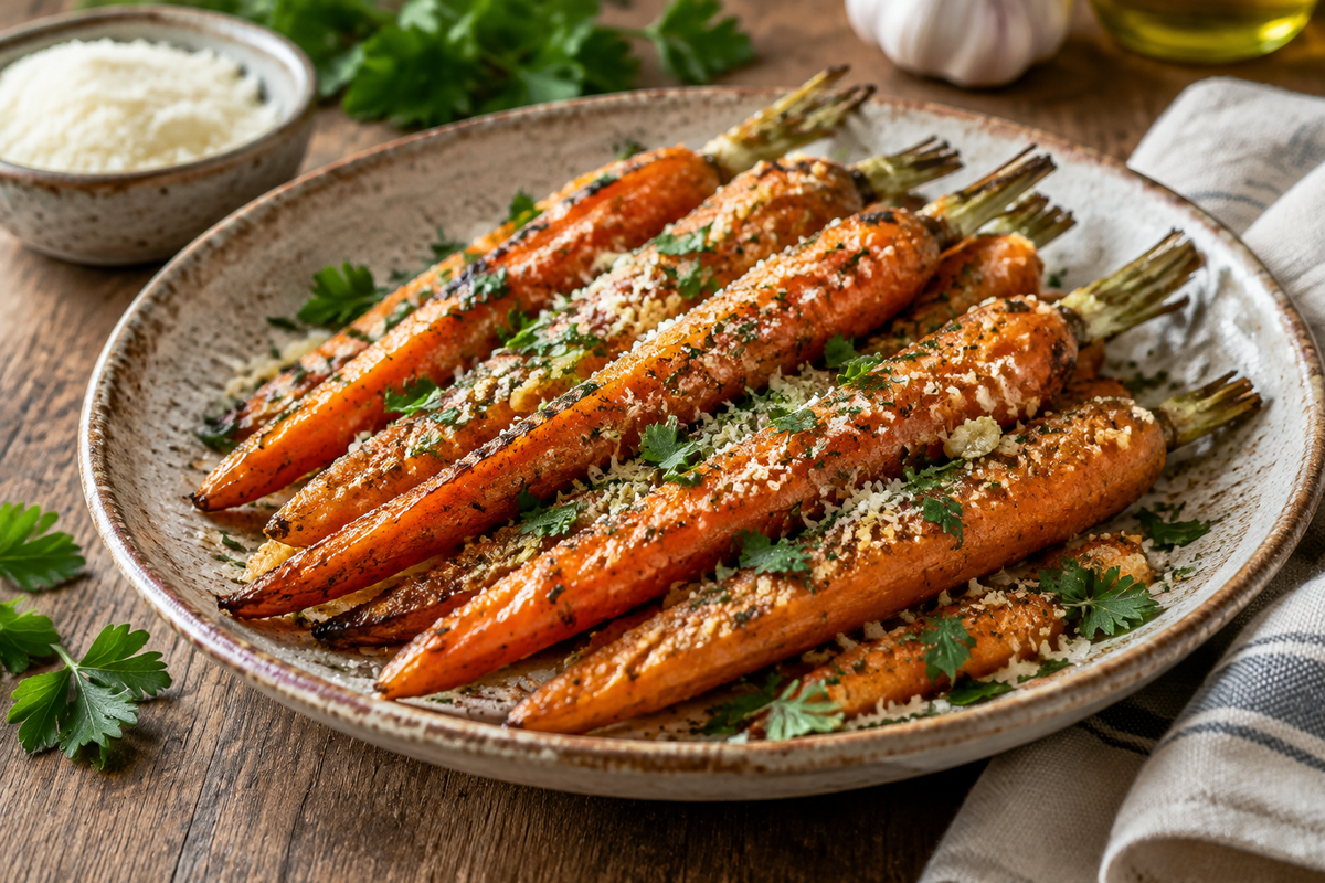 Savory parmesan garlic roasted carrots garnished with fresh parsley on rustic plate