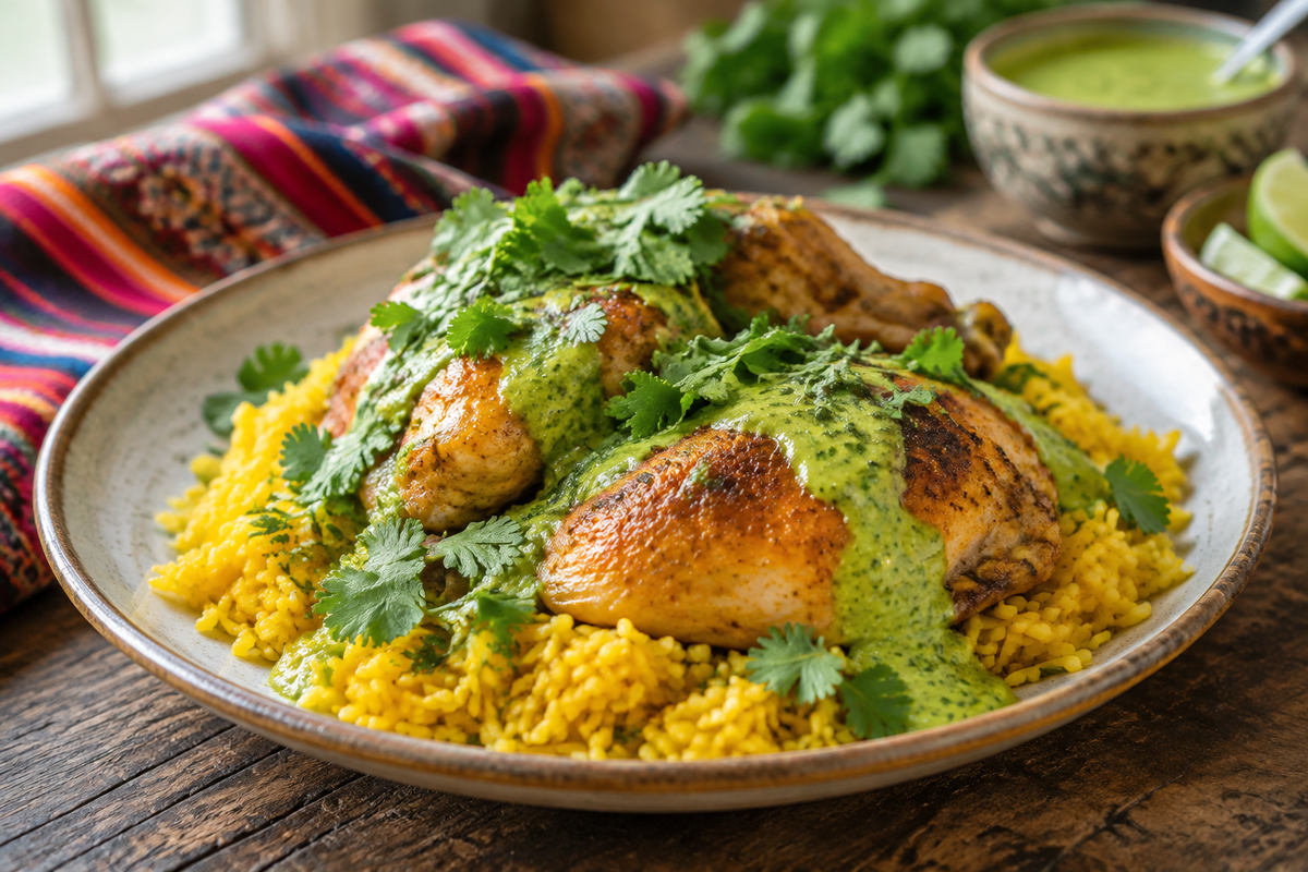 Savory Peruvian chicken recipe with yellow rice and zesty green sauce garnished with cilantro
