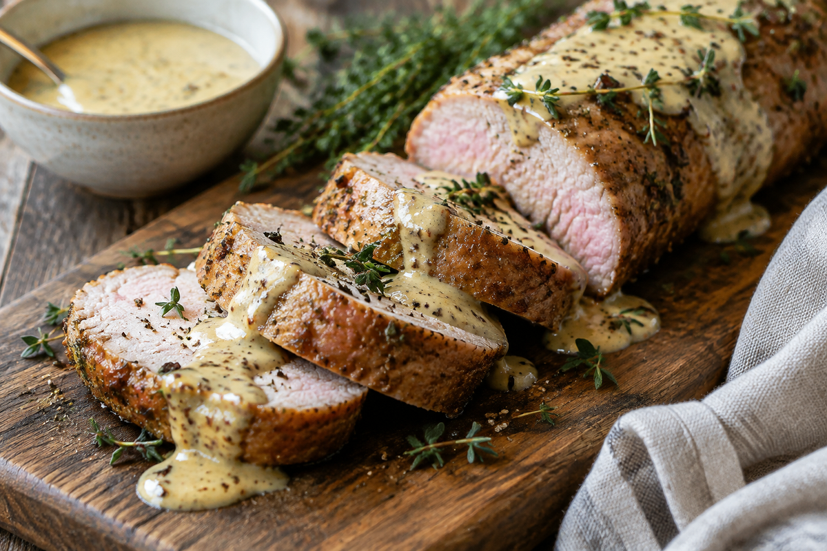 Savory pork tenderloin with creamy Dijon sauce garnished with thyme and pepper