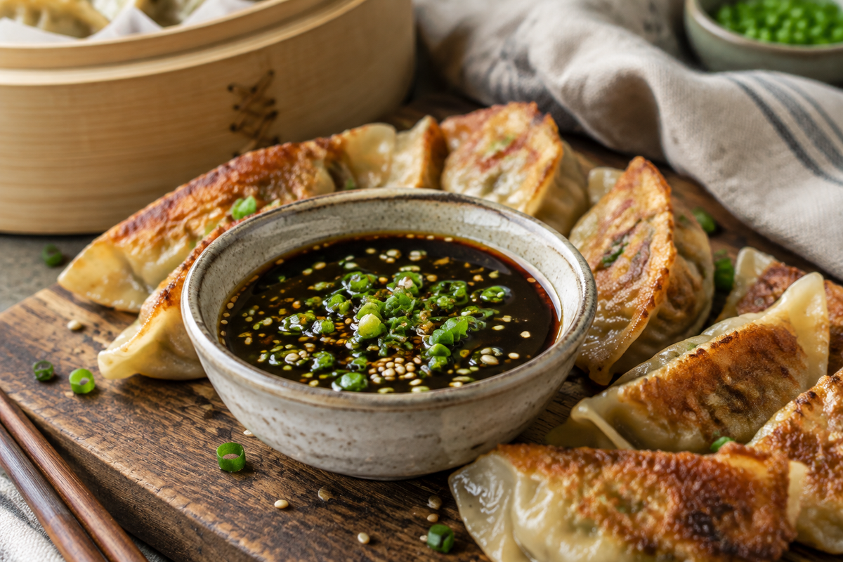 Savory pot sticker sauce in a bowl with garnishes next to crispy dumplings, perfect pot sticker sauce