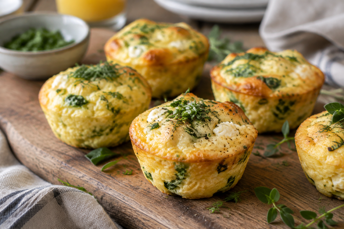 Golden savory ricotta egg bites garnished with fresh herbs, perfect ricotta egg bites for brunch