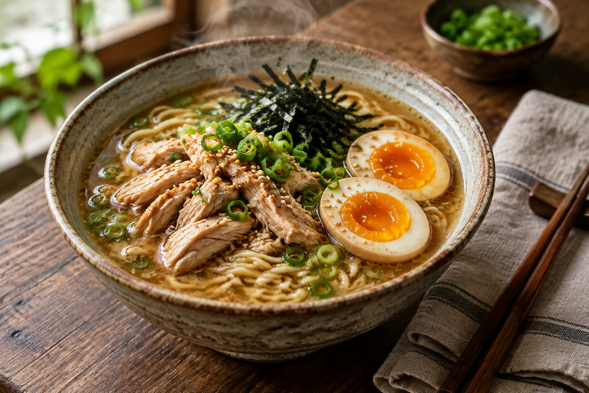 Bowl of savory slow-cooked chicken ramen with green onions and soft-boiled egg, showcasing slow-cooked chicken ramen