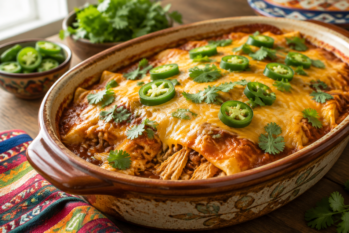 Savory slow cooker chicken enchilada casserole with melted cheese and fresh cilantro garnish