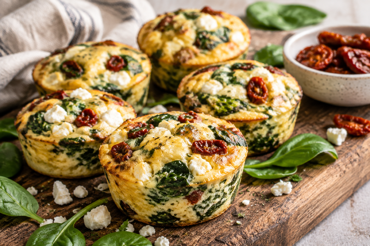 Savory spinach, feta, and sun-dried tomato egg muffins on rustic board with garnish