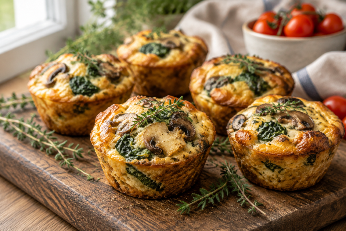 Savory spinach mushroom quiche muffins golden brown with fresh thyme garnish