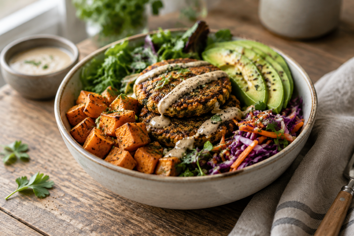 Savory sweet potato burger bowl with roasted sweet potatoes, veggie patties, avocado, and greens in a rustic bowl